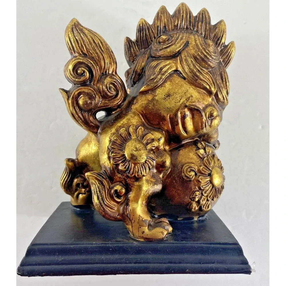 Vtg Foo Dog Gold Color Resin Figurine Dragon Asian Protection Art 7.5